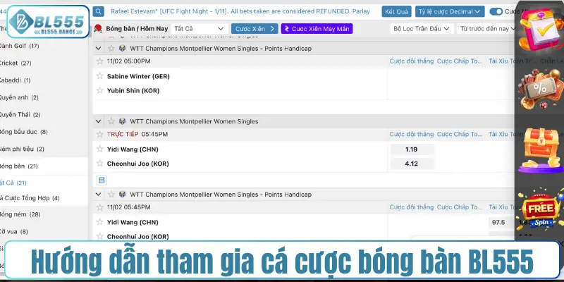 Hướng dẫn tham gia cá cược bóng bàn BL555